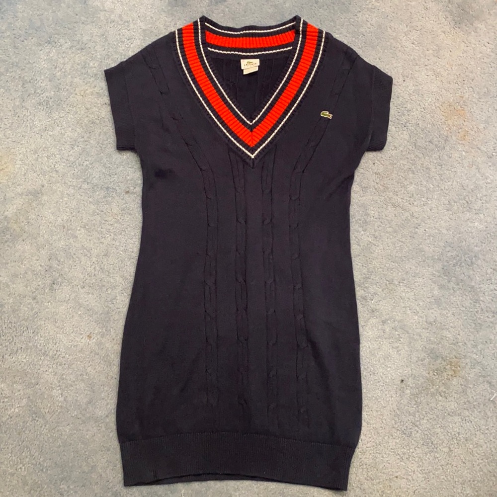 Lacoste Dress Contrasting V-Neck Sweater Dress